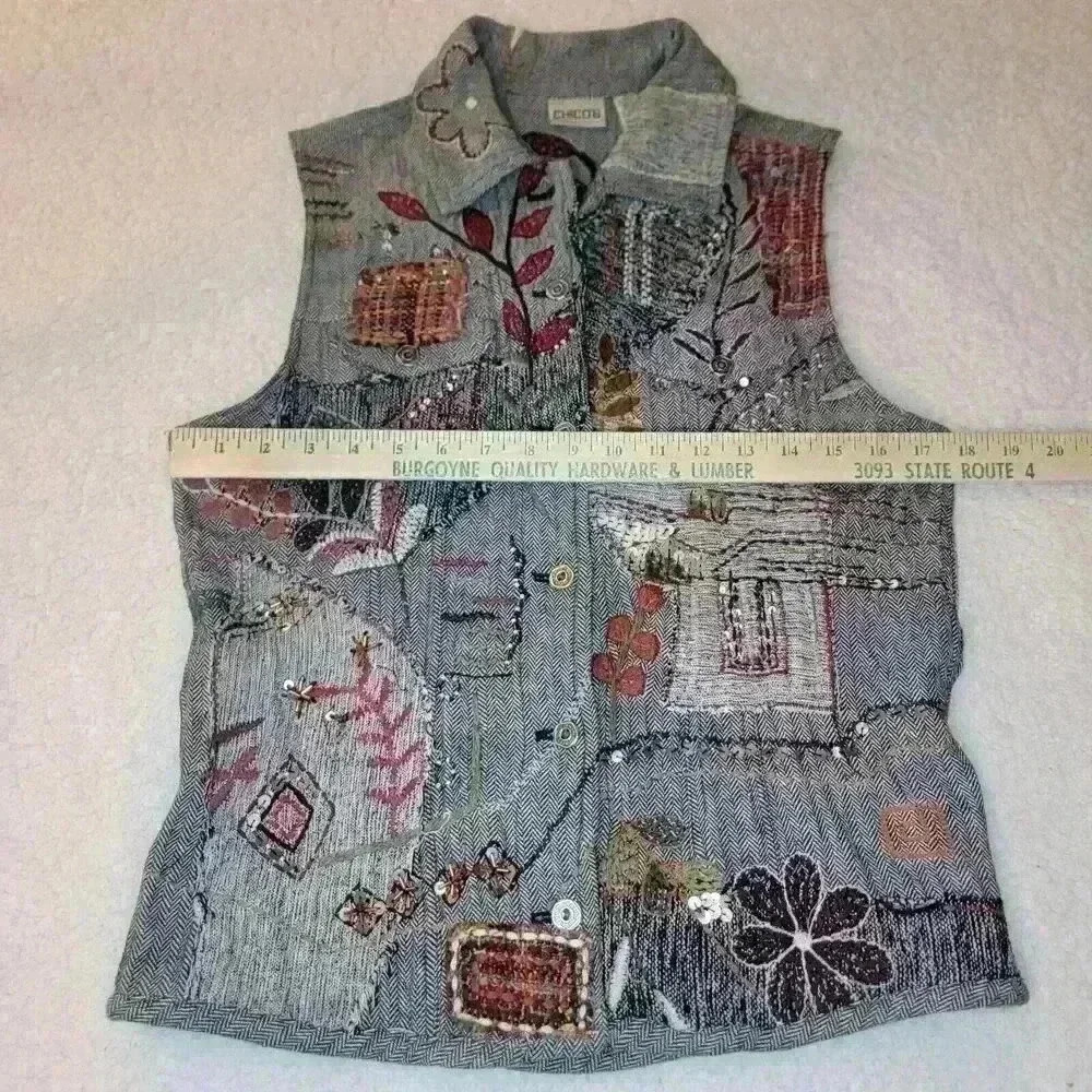 Chicos Vest Small Patchwork Embroidered Sashiko E… - image 11